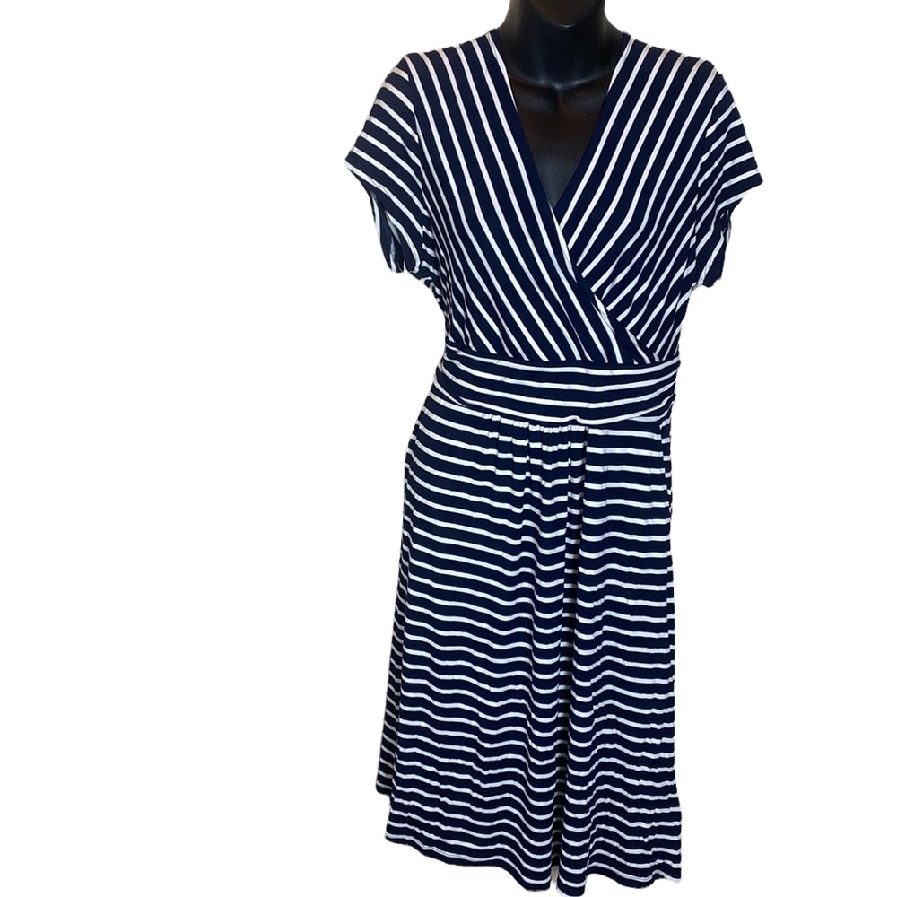 Boden Navy and White Striped Wrap-Style Midi Dress